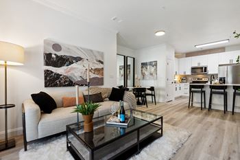 Wood-style plank flooring in living and dining areas