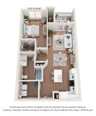 Floor plan for 1 bed, 1 bath, 886 sqft