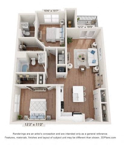 Floor plan for 2 beds, 2 baths, 1124 sqft