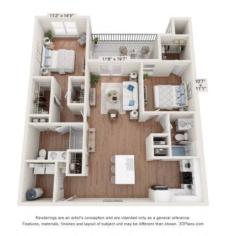 Floor plan for 2 beds, 2 baths, 1235 sqft