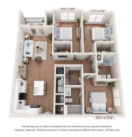 Floor plan for 3 beds, 2 baths, 1338 sqft