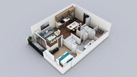 Floor plan for 1 bed, 1 bath, 727 sqft