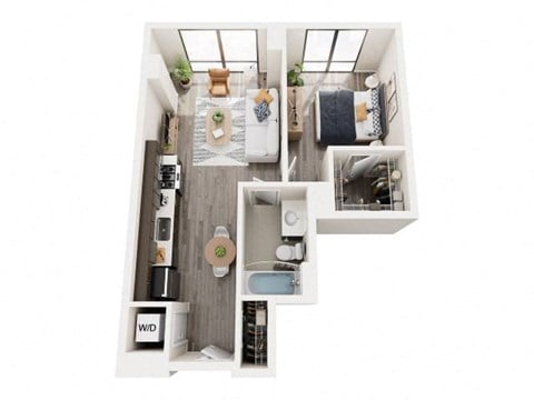 Floor plan for 1 bed, 1 bath, 624 sqft