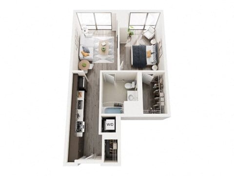 Floor plan for 1 bed, 1 bath, 665 sqft
