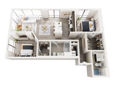 Floor plan for 2 beds, 2 baths, 1075 sqft