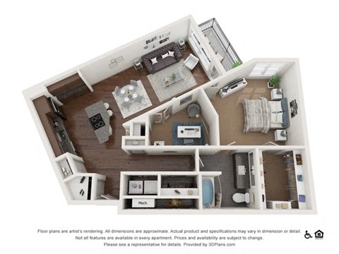 Floor plan for 1 bed, 1 bath, 1012 sqft