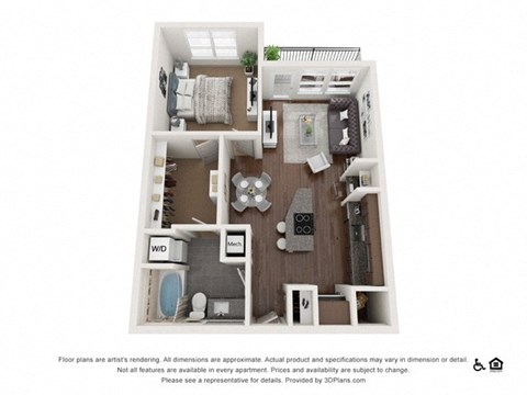 Floor plan for 1 bed, 1 bath, 715 sqft