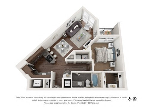 Floor plan for 1 bed, 1 bath, 767 sqft