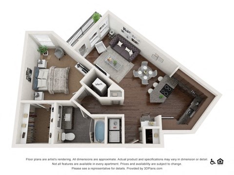 Floor plan for 1 bed, 1 bath, 862 sqft