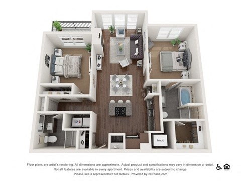 Floor plan for 2 beds, 2 baths, 1052 sqft