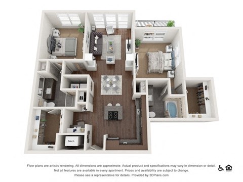 Floor plan for 2 beds, 2 baths, 1229 sqft