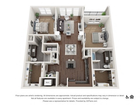 Floor plan for 2 beds, 2 baths, 1212 sqft
