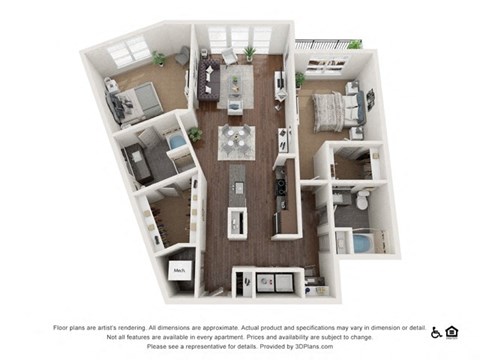 Floor plan for 2 beds, 2 baths, 1231 sqft