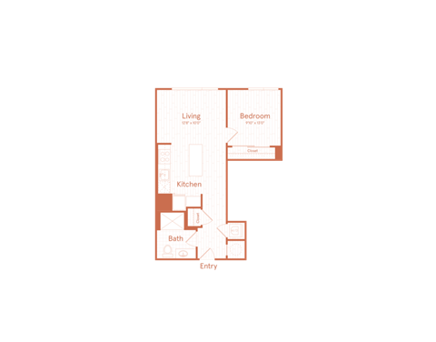 Floor plan for 1 bed, 1 bath, 606 sqft