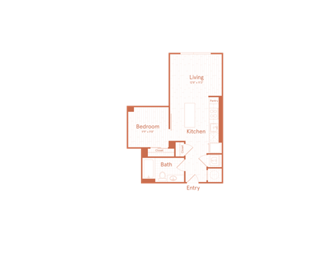 Floor plan for 1 bed, 1 bath, 614 sqft