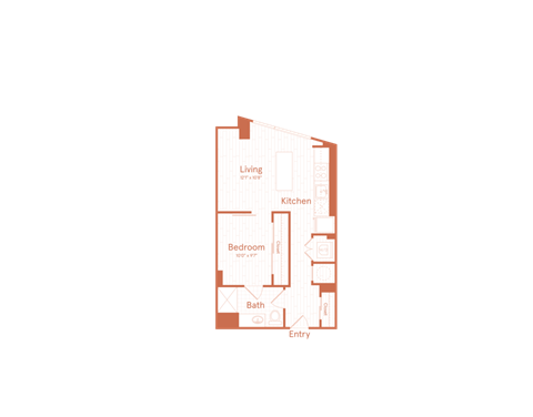 Floor plan for 1 bed, 1 bath, 597 sqft