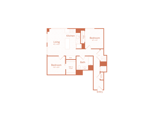 Floor plan for 2 beds, 2 baths, 910 sqft