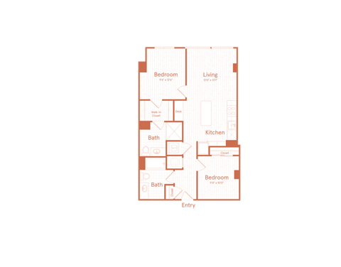 Floor plan for 2 beds, 2 baths, 899 sqft