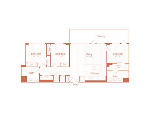 Floor plan for 3 beds, 2 baths, 1492 sqft