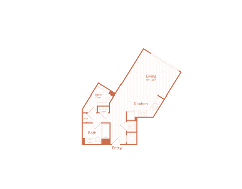 Floor plan for studio, 1 bath, 627 sqft