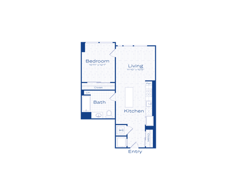 Floor plan for 1 bed, 1 bath, 648 sqft