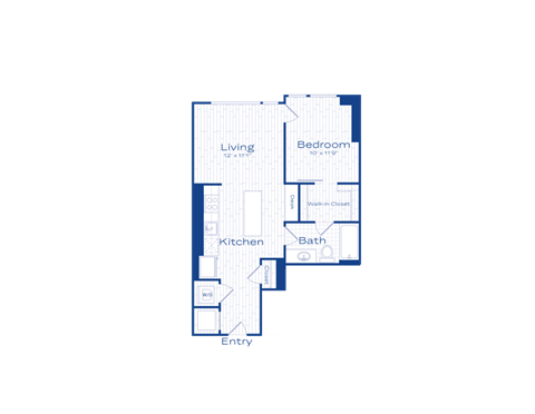Floor plan for 1 bed, 1 bath, 638 sqft