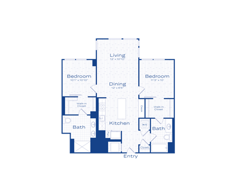 Floor plan for 2 beds, 2 baths, 1001 sqft
