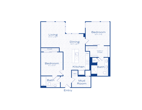 Floor plan for 2 beds, 2 baths, 1129 sqft