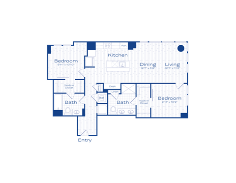 Floor plan for 2 beds, 2 baths, 1033 sqft