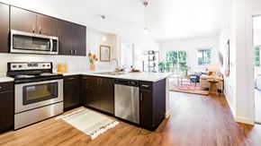 Lakewood apartment for rent - A modern kitchen with dark brown cabinets and stainless steel appliances.