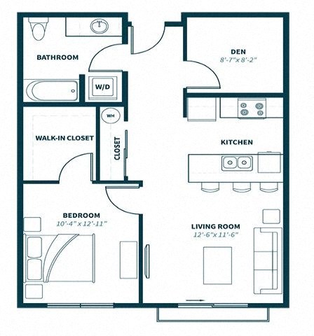 Floor plan for 1 bed, 1 bath, 800 sqft