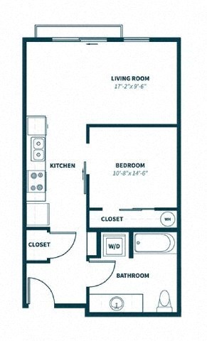 Floor plan for 1 bed, 1 bath, 600 sqft