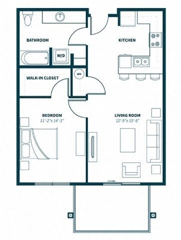 Floor plan for 1 bed, 1 bath, 775 sqft