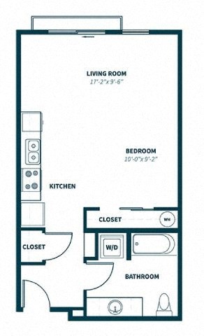 Floor plan for studio, 1 bath, 600 sqft