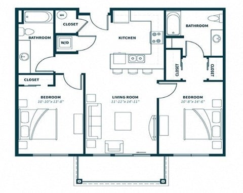 Floor plan for 2 beds, 2 baths, 1100 sqft