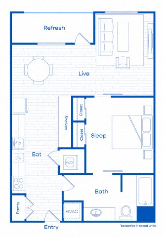 Floor plan for 1 bed, 1 bath, 700 sqft