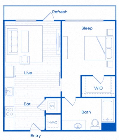 Floor plan for 1 bed, 1 bath, 535 sqft