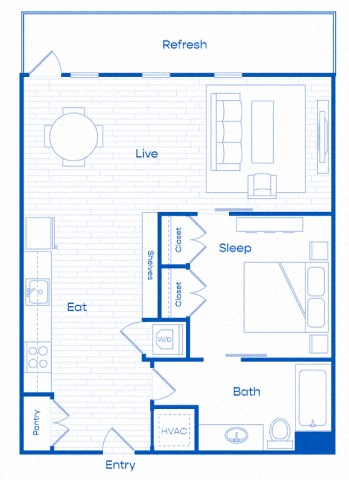 Floor plan for 1 bed, 1 bath, 650 sqft
