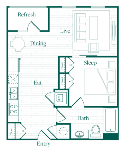 Floor plan for 1 bed, 1 bath, 610 sqft