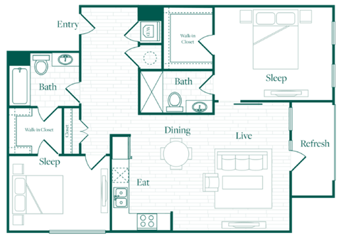 Floor plan for 2 beds, 2 baths, 1131 sqft