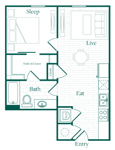 Floor plan for 1 bed, 1 bath, 552 sqft