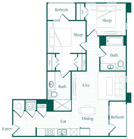 Floor plan for 2 beds, 1 bath, 949 sqft