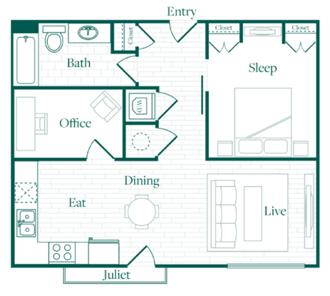 Floor plan for 1 bed, 1 bath, 711 sqft