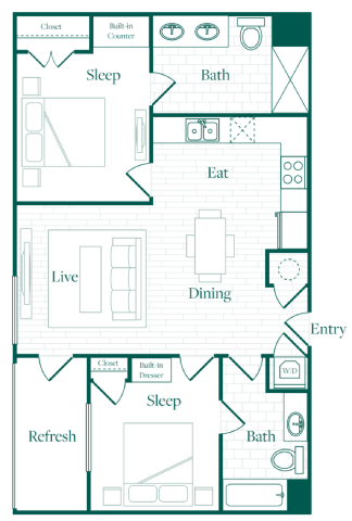 Floor plan for 2 beds, 2 baths, 865 sqft