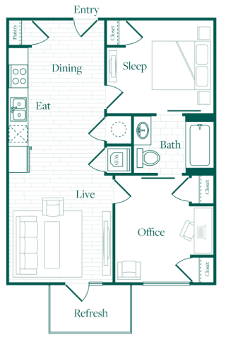 Floor plan for 2 beds, 1 bath, 690 sqft