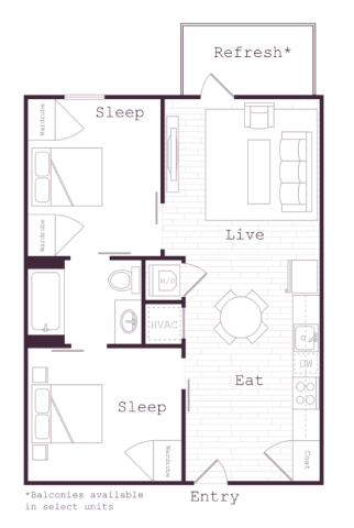 Floor plan for 2 beds, 1 bath, 685 sqft