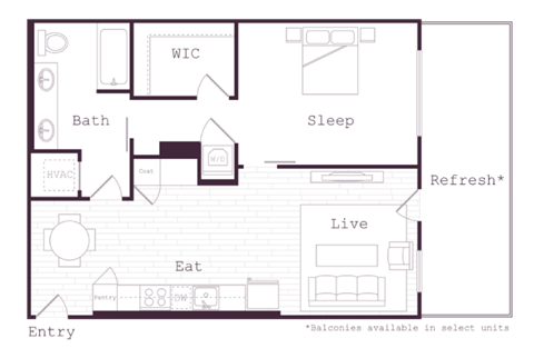 Floor plan for 1 bed, 1 bath, 756 sqft