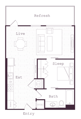 Floor plan for 1 bed, 1 bath, 649 sqft