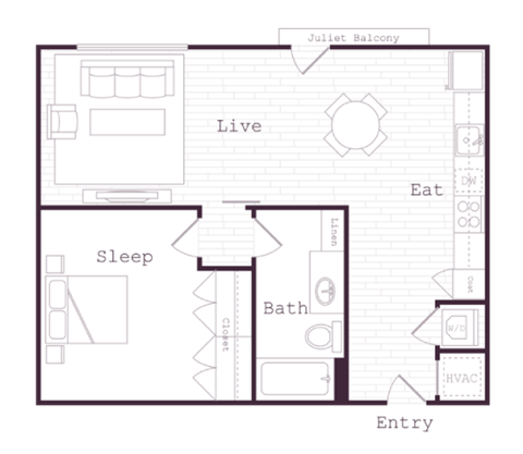 Floor plan for 1 bed, 1 bath, 756 sqft