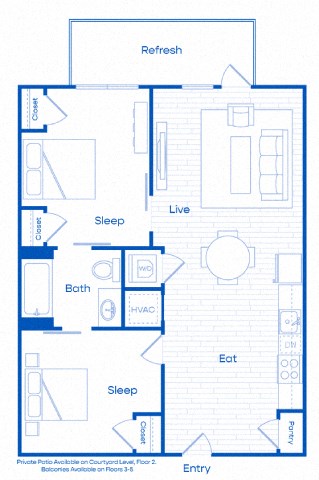 Floor plan for 2 beds, 1 bath, 688 sqft